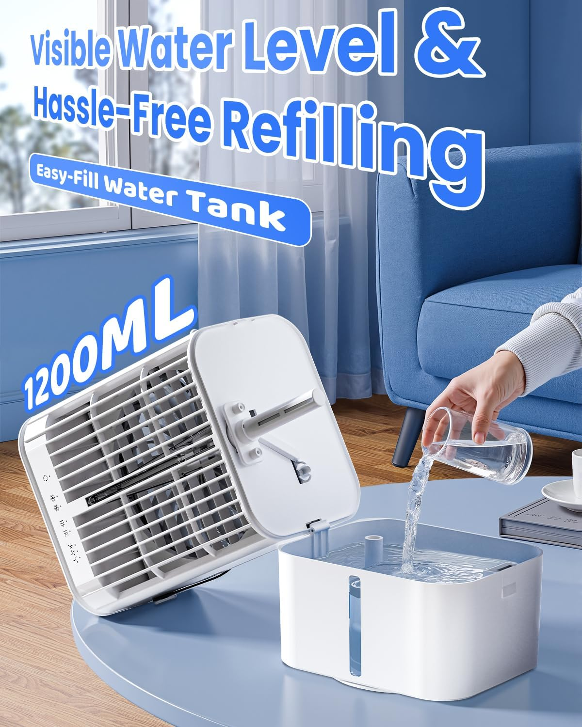 YESDEX Portable Air Conditioner - Evaporative Air Cooler Desk Fan 1200ML Water Tank, 3 Speeds & Timer Personal Cooling Fan, 90&deg; Oscillating Mini AC Unit USB Fan for Home Bedroom Office Indoors Room image number 3