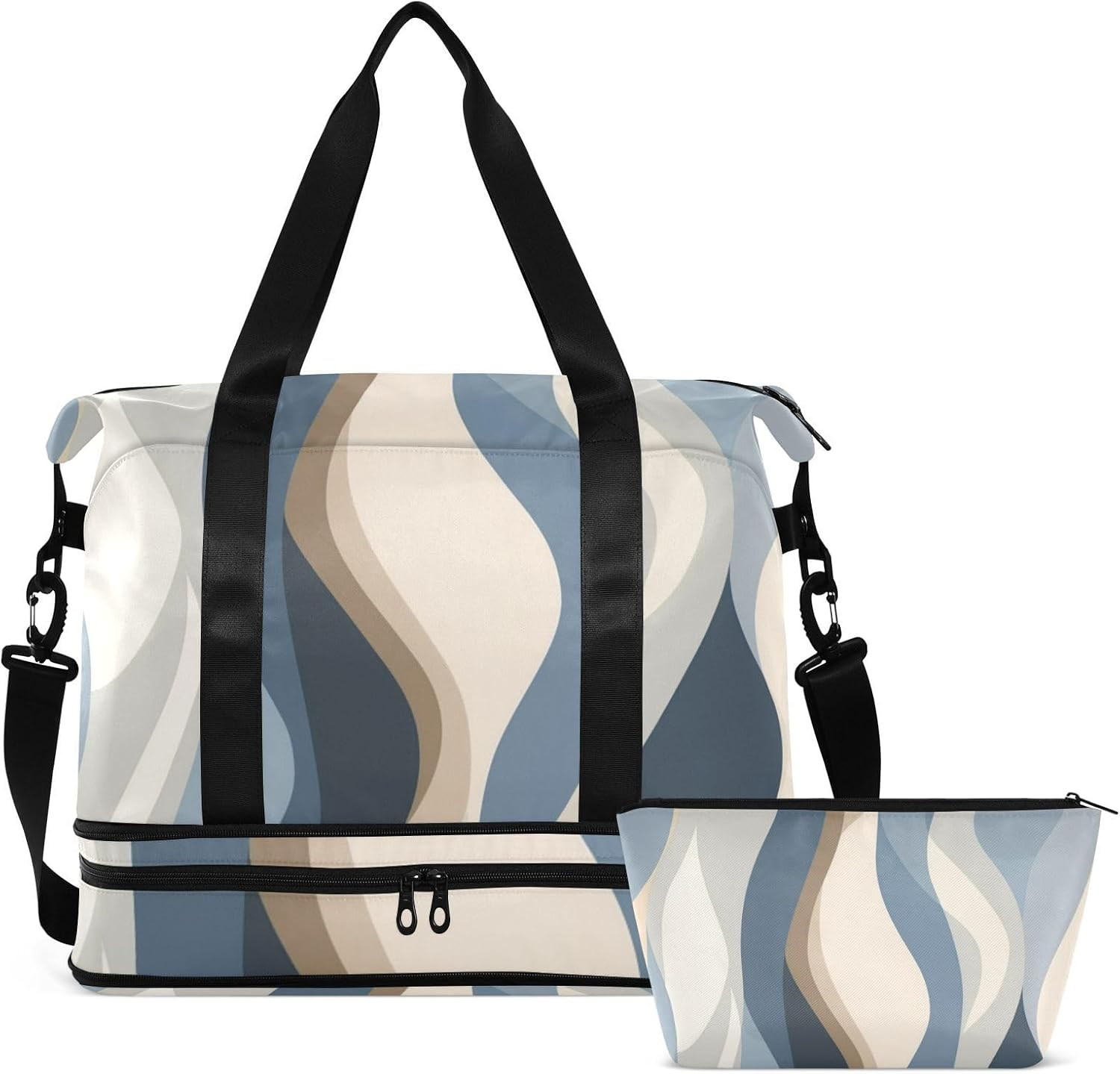 Abstract Blue Beige Tote Bag Travel Weekender Gear Bag with Adjustable Strap for Sports Foldable, Abstract Blue Beige, 1 Size image number 5