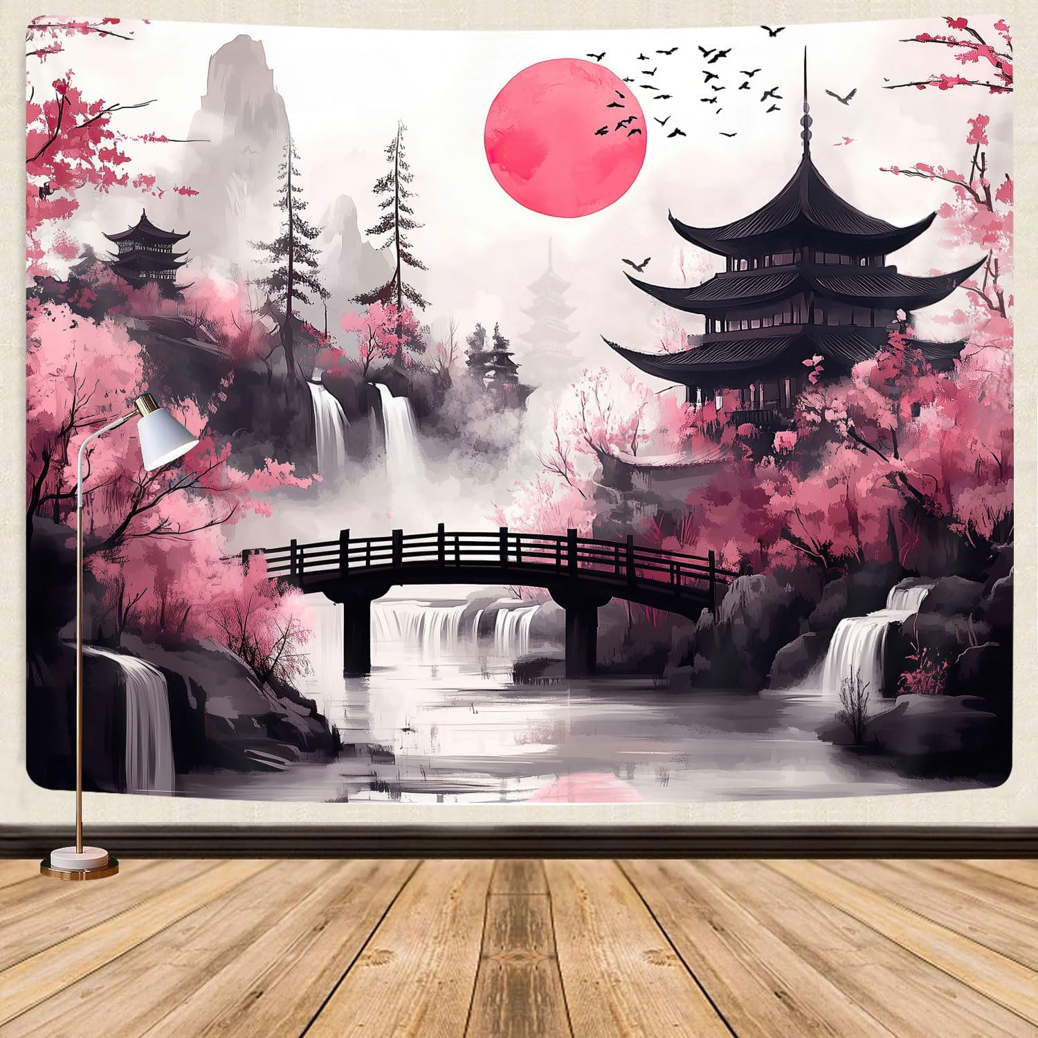 Japanese Anime Tapestry, Cool Japan Cherry Blossom Floral Mountain Waterfall Sun Asian Oriental Abstract Ink Art Tapestry, Black Pink Nature Landscape Tapestries for Living Room College Dorm, 80X60IN image number 1