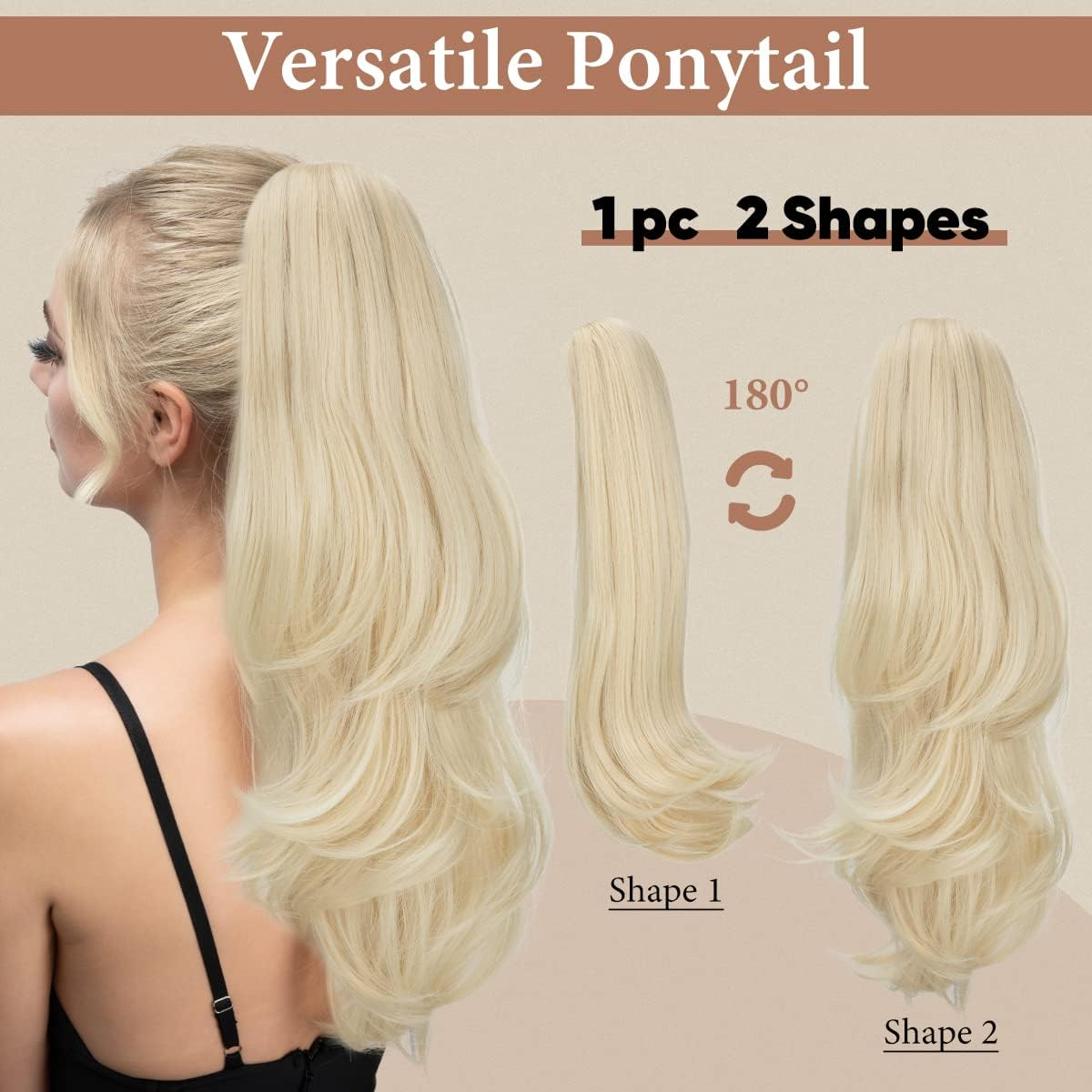 18" Clip in Ponytail Extension, Drawstring Ponytail Hair Extension, Long Straight Curly Synthetic Versatile Bangs (Beach Blonde) - Beach Blonde image number 4
