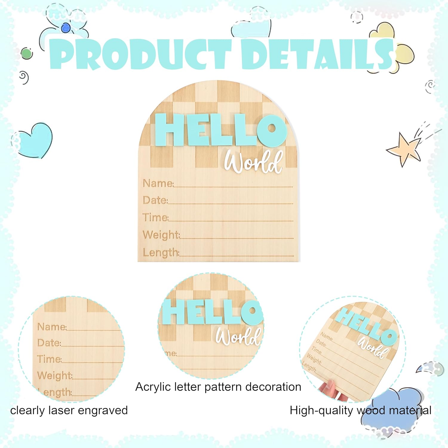 Racing Hello World Bulletin Board - Little Racer Birth Information Record,Fast Race Car Checkered Wooden Board, Newborn Milestone Announcement Sign,Hospital Nursery Racing Card Photo Props.