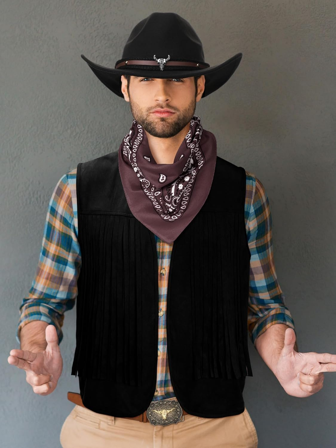 Slowton Western Outfits for Men - Cowboy Outfit Cowboy Hat Tassel Vest for Halloween Cosplay Western Costume Accessories image number 3