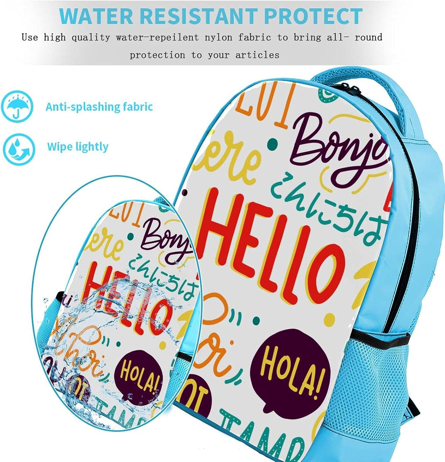 Blue Backpack Boy Bookbags Rucksack Men Travel Handbag Daypack Hello Words in Different Languages image number 6