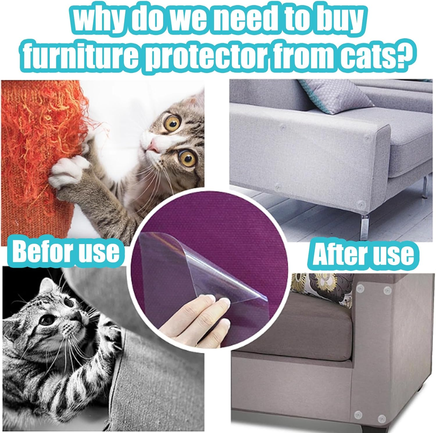 Cat Scratch Furniture Protector - Pack of 15, Adhesive Clear Cat Training Couch Protector - Plastic, Used as a Heavy-Duty Scratch Resistant Cat Protector for Sofas and Doors image number 6