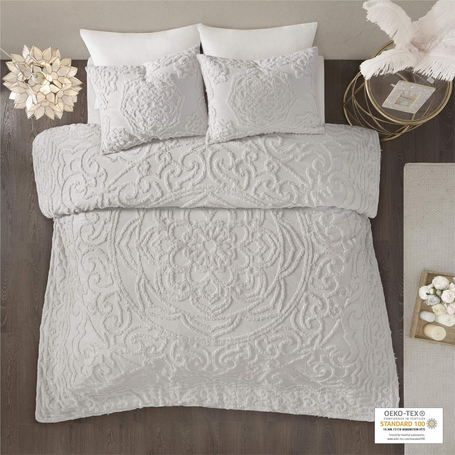 Madison Park Laetitia 100% Cotton Duvet Set-Chenille Tufted Medallion Design All Season Cozy Bedding Shabby Chic Comforter Cover, Matching Shams, Full/Queen (90 in X 90 In), Floral Grey