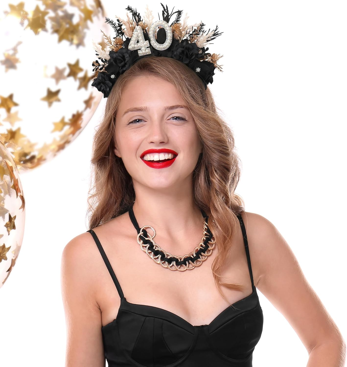 Partyforu Black Flower Birthday Headband - Birthday Crown Happy Birthday Headband for Her Birthday Gifts for Women Party image number 2