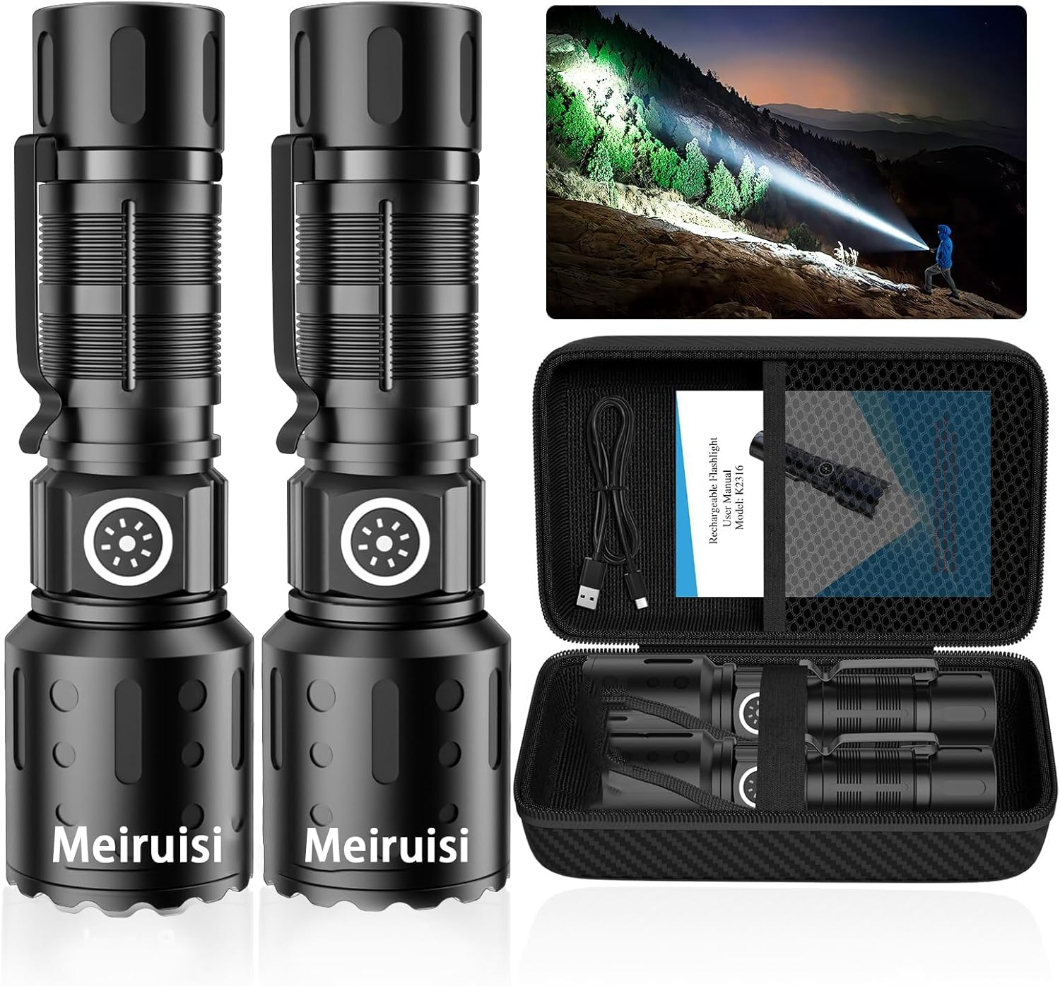 Rechargeable Flashlights 20,000 High Lumens, 1500M Long Throw Super Bright LED Small Powerful Tactical Flashlight with Memory Function, 6Modes Pocket Waterproof Flash Light for Camping,Emergency image number 2