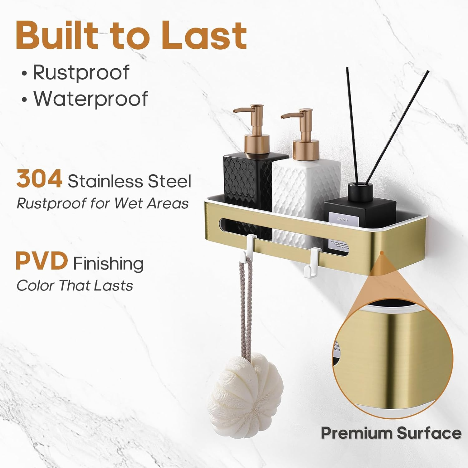 Decaura Shower Caddy Stainless Steel, Wall Mounted Shower Basket with Removable Plastic Liner, Bathroom Organizer with Hooks, Rustproof, Brushed Gold - Brushed Gold image number 2