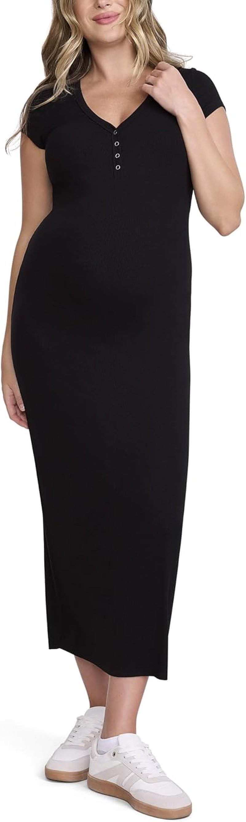 Motherhood Maternity Women'S Short Sleeve V-Neck Henley Rib Knit Bodycon Maxi Pregnancy Dress image number 7