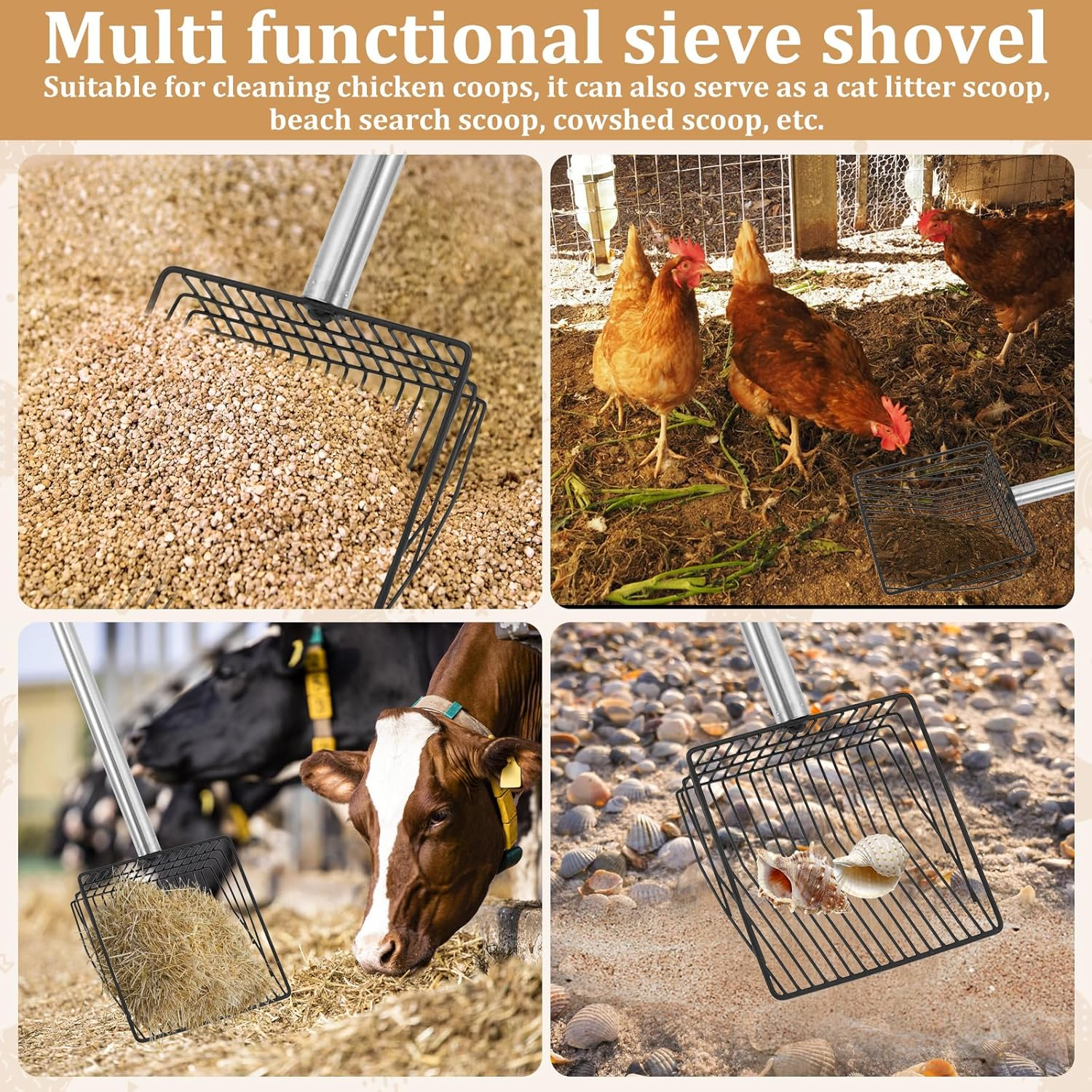 Chicken Poop Scooper, Metal Chicken Litter Scooper Handle with 80 to 110Cm Long Handle, Litter Scooper Sifting Shovel Chicken Coop Accessories for Chick Pet Cat Dog image number 2