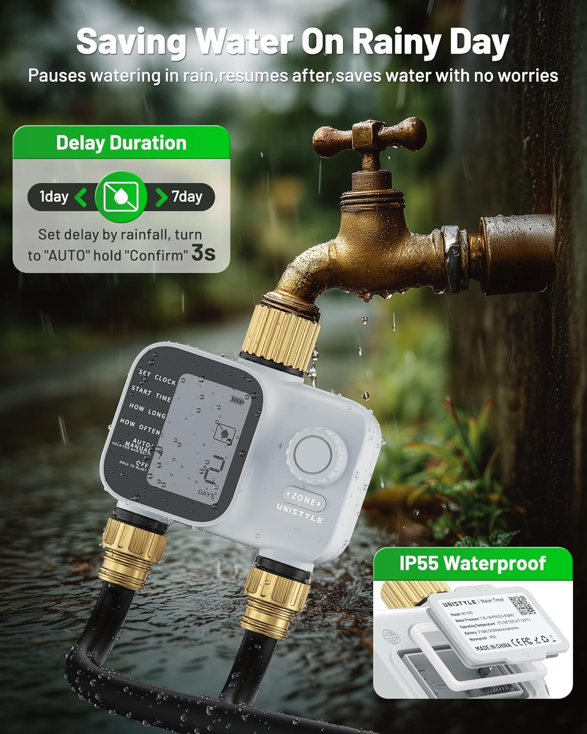 Water Timer 2 Zones, Sprinkler Timer Dual Outlet with Industrial Brass Inlet, Easy to Set Up, Automatic/ Manual/ Delay Mode for Watering Hose, Programmable Garden Tap Irrigation System image number 2