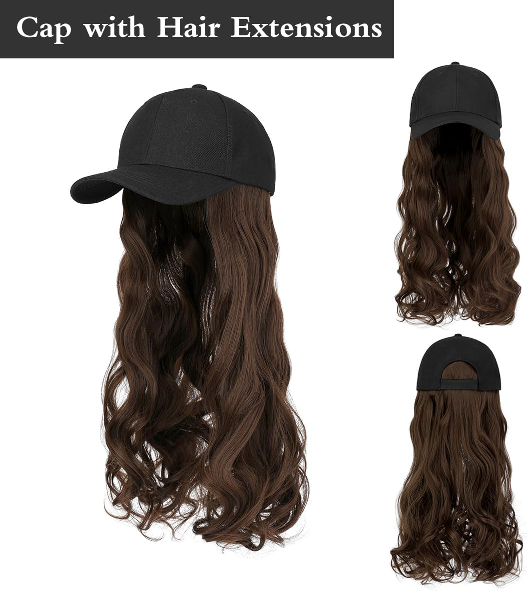 Aynnqueen Baseball Cap with Hair Extensions for Women Adjustable Hat with Synthetic Wig Attached 24Inch Long Wavy Hair Black Baseball Cap