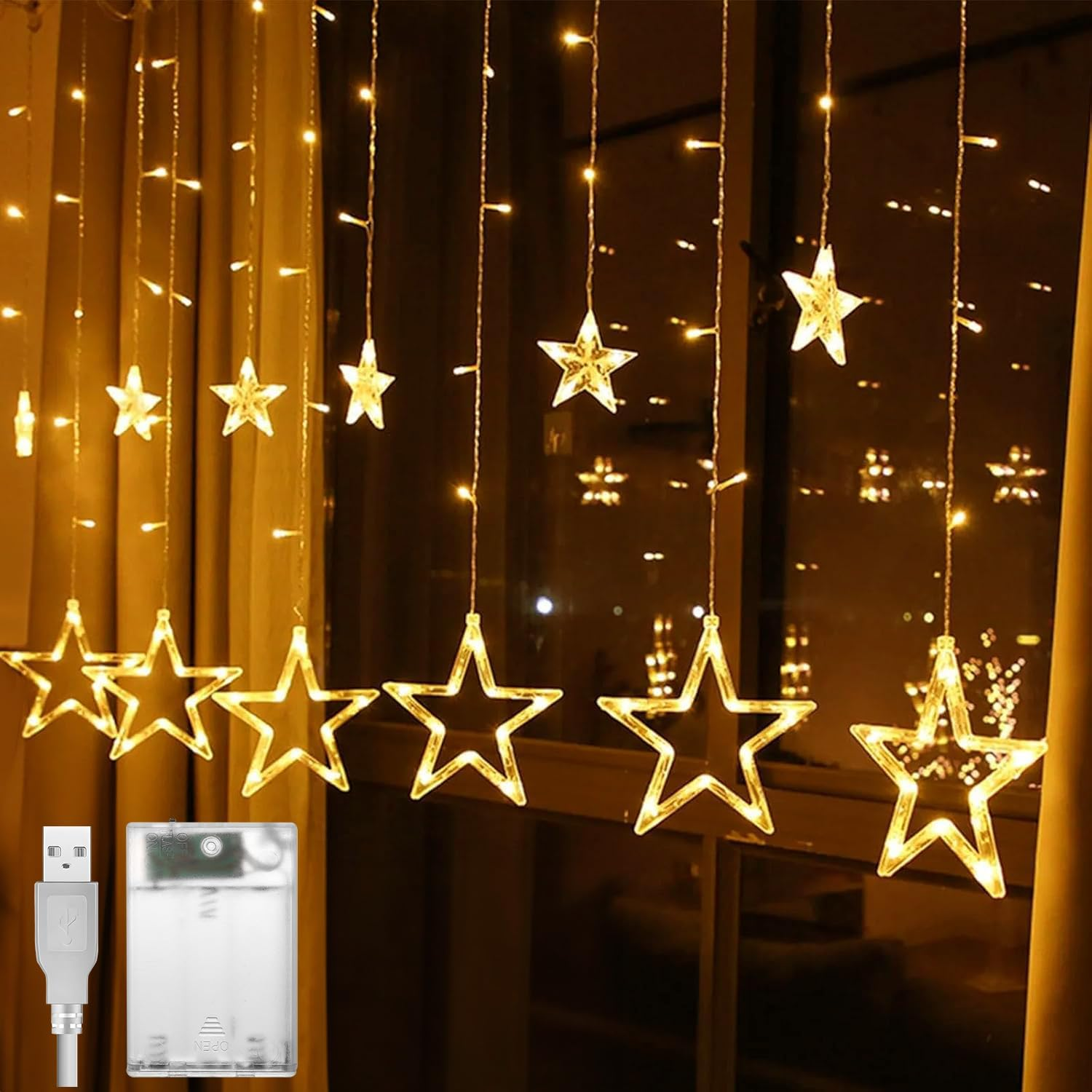 Theapro Curtain Fairy Lights 3.5 M 138 LED 12 Stars Battery Operated USB Powered with 8 Mode Waterfall Backdrop for Outdoor Indoor Bedroom Christmas Diwali Party Decorations (Warm White)