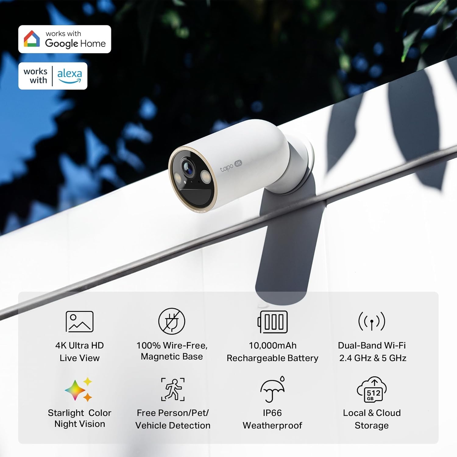Tapo 4K Ultra HD Outdoor Battery Security Camera &ndash; up to 200 Day Battery, Free Person/Vehicle Detection, Starlight Color Night Vision, Works W/Alexa and Google Home, Magcam 4K image number 3