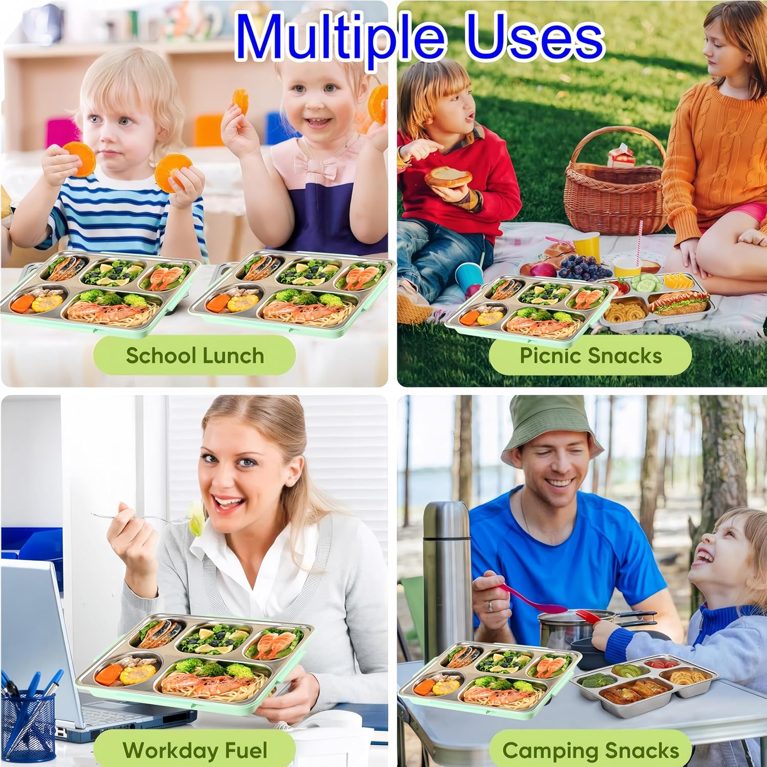 Febohao Stainless Steel Lunch Box Adult 2000Ml Reusable Smash Bento Box Leak Proof Insulated Food Snack Container with Lid Meal Prep image number 2