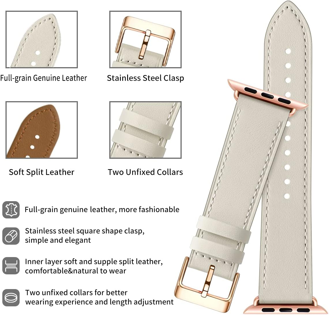 QAZNZ Leather Straps for Apple Watch Strap 40Mm 41Mm 38Mm 42Mm 44Mm 45Mm 49Mm,Men Women Replacement Genuine Leather Strap for Apple Watch Series 8 7 6 5 4 3 2 1 & Iwatch Se,Ultra image number 3