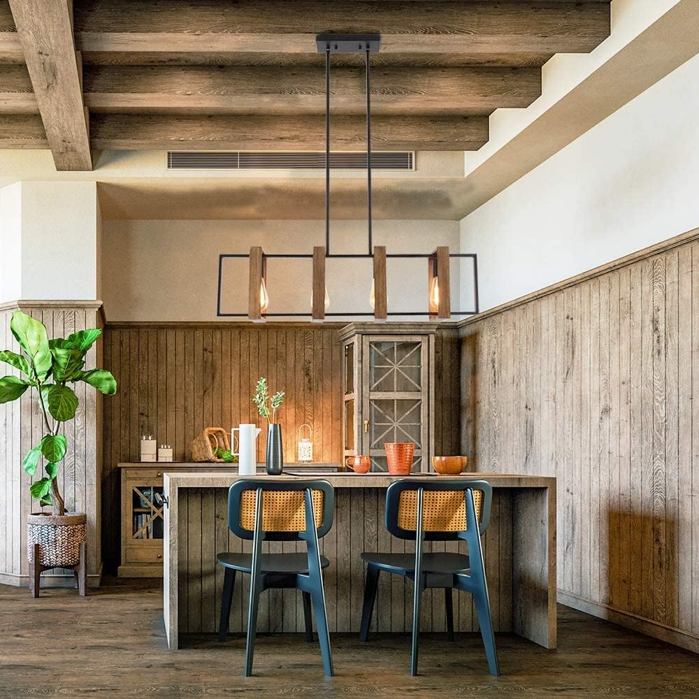 Kitchen Island Lighting,4 - Light Dining Room Farmhouse Chandelier,Black Modern Pendant Lighting,Pool Table Lights,Wood and Matte Black Metal Finish (4 Heads,Wood) image number 4