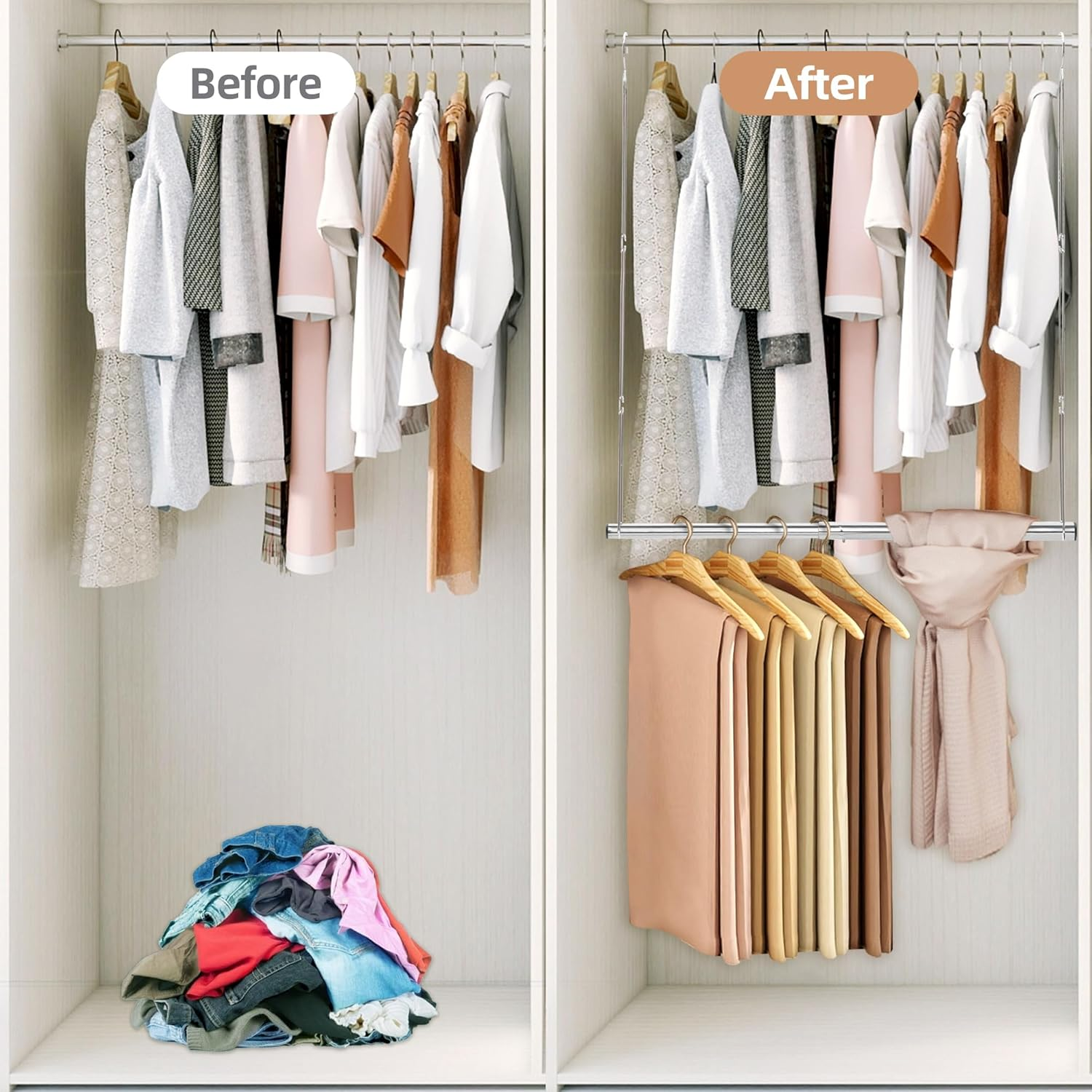 STORAGE MANIAC Hanging Closet Rod, Adjustable Width and Height Closet Hanging Organizer, Space-Saving Clothes Hanging Bar, Closet Extender Hanging Rod Double Closet Hanging Rod, 1 Pack Chrome image number 3