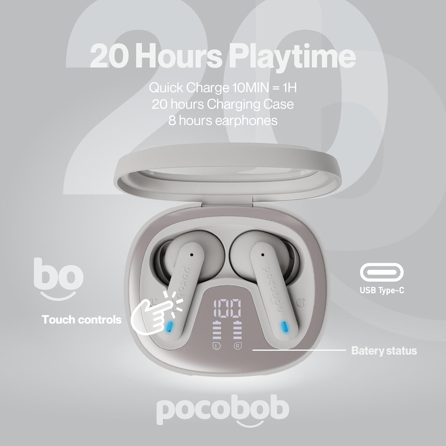 Pocobob 8 Bluetooth 5.3 In-Ear Headphones with Microphone, ENC, App Control, 32 Hours Battery, Touch, USB-C, IPX4 Water Protection - True Wireless Earbuds - Beige image number 5