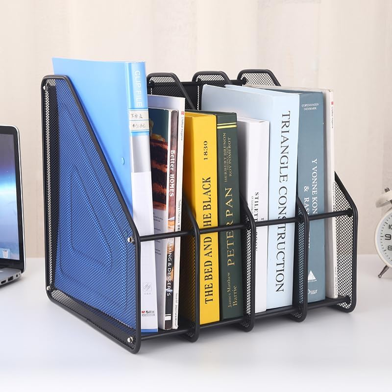 Mesh Desktop File Folder Organiser, 4-Compartment Desk Organiser for Document Folders, Vertical Filing Cabinet for Letter Mail Folder, Black Book Magazine Holder image number 6