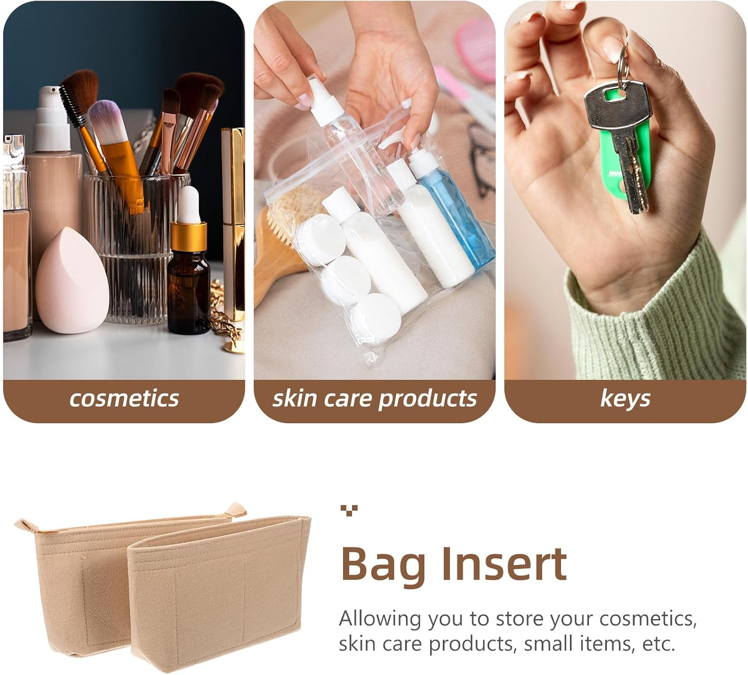 DRESSOOS 2Pcs Felt Purse Organizer Insert Bag Set with Zipper and Open Top Small Tote Bag Insert Organizer for Handbags and Travel Beige Wool Felt Handbag Liner image number 3