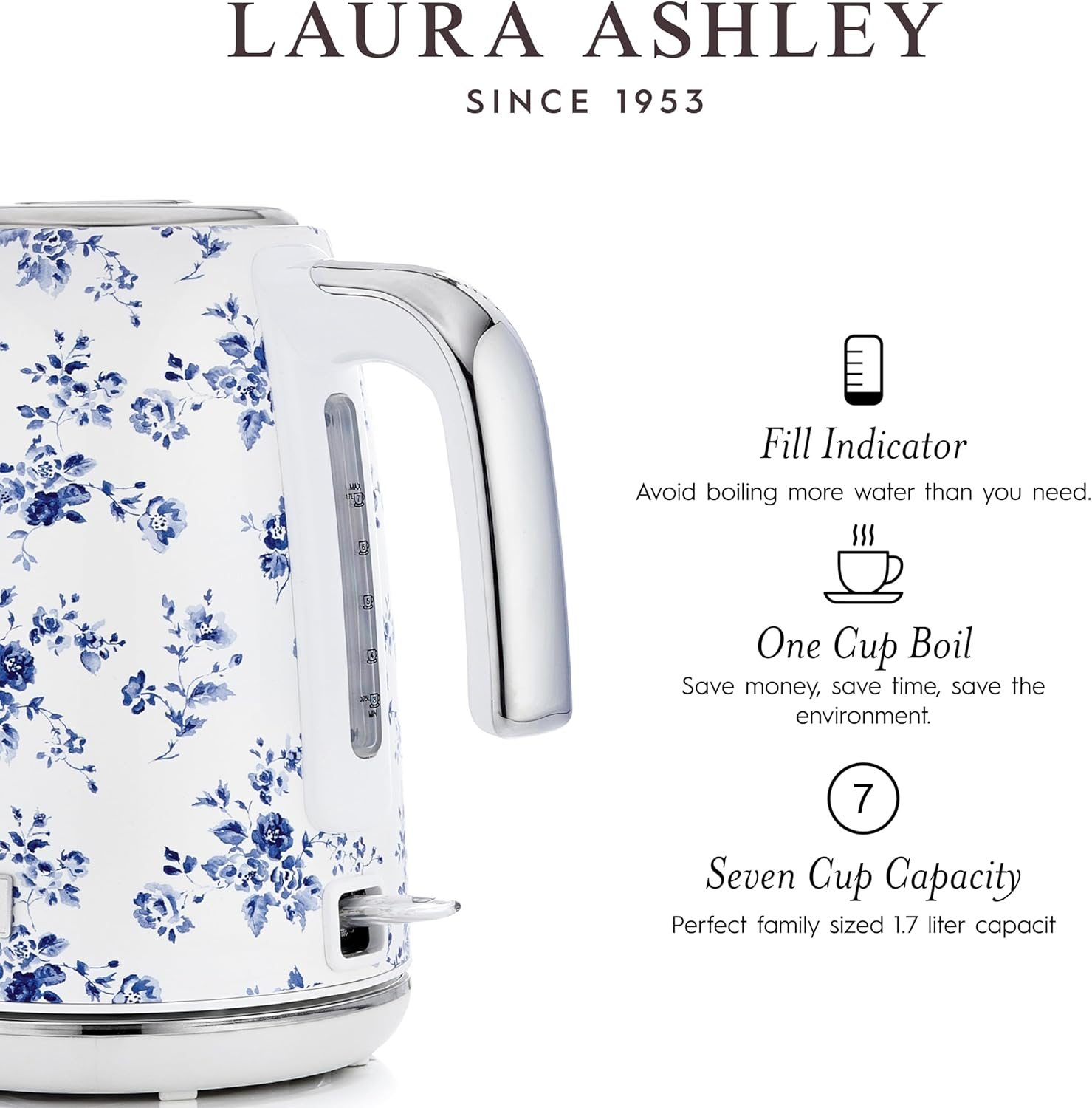 Laura Ashley China Rose Kettles Electric 1.7 Litre - Stainless Steel Electric Kettles Fast Boil Quiet - 2.2KW Rapid Boil Electric Kettle Cordless - Overheating & Boil Dry Protection Jug Kettle image number 3