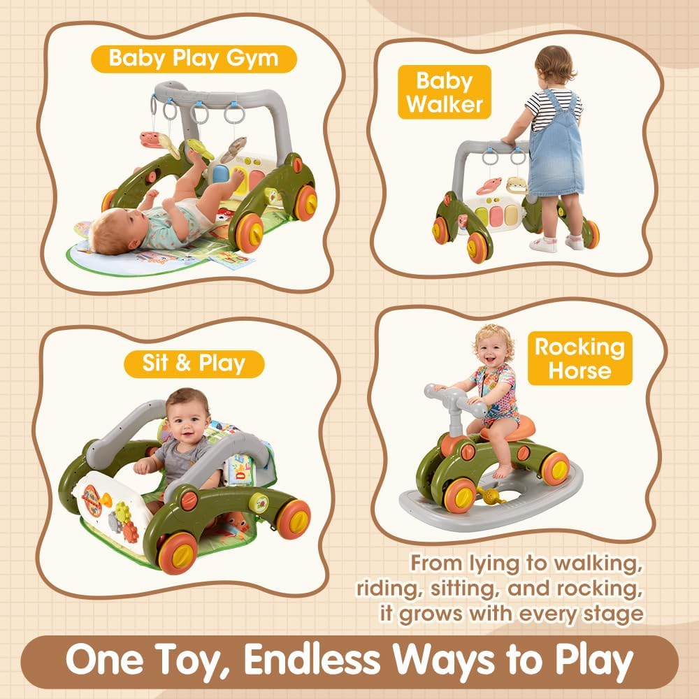 Playpals Baby Play Mat & Gym, Kick and Play Piano Mat & Hanging Toys, Adorable Animal-Themed Baby Play Gym, Tummy Time Mat, Sit-To-Stand Walker & Ride-On Toy for Newborns to Toddlers, Green - Pink image number 4