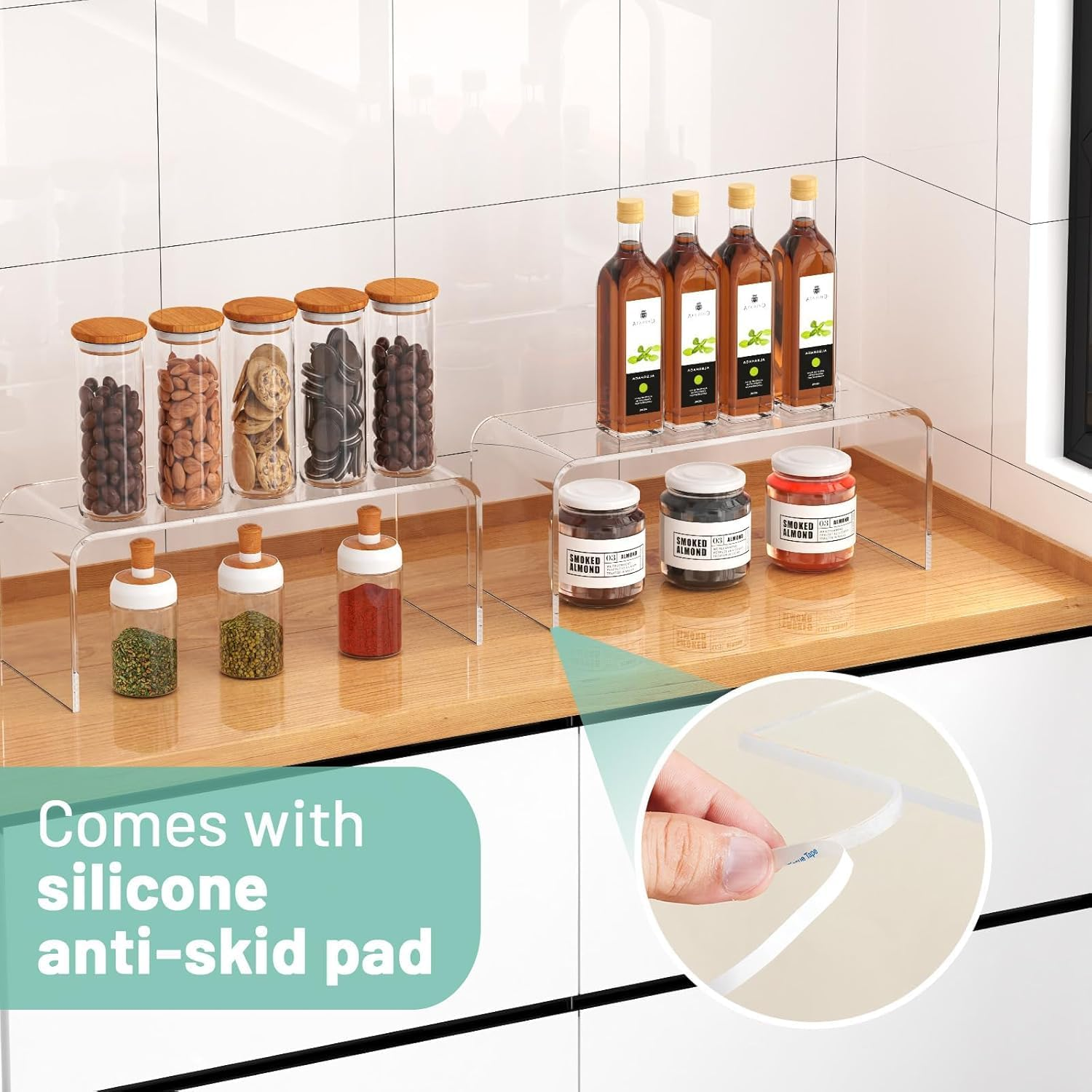 Clear Cabinet Organizer, Kitchen Organizers and Storage, Display Pantry Cabinet Shelf Room Decor Countertop Desk Organizer Shelves, Patented Spice Organization, 2 Packs