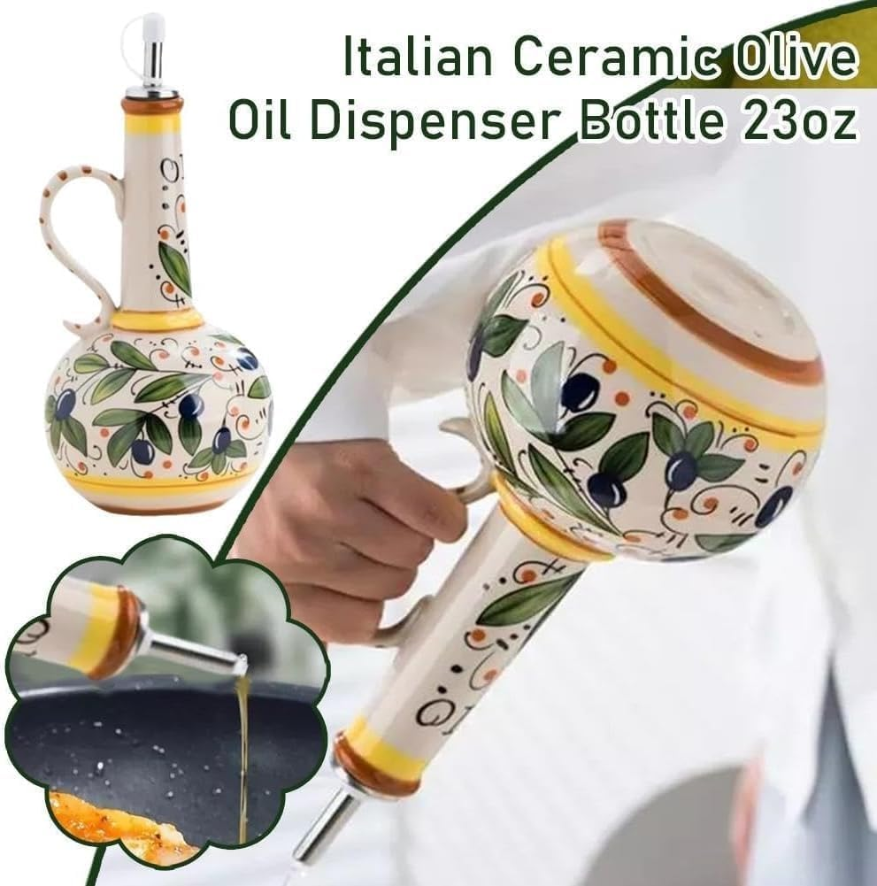 Ceramic Olive Oil Dispenser Bottle,Decorative Stoneware Olive Oil Cruet for Kitchen with Stainless Steel Spout, Hand Painted Olive Oil Bottles for Kitchen, Stoneware Olive Oil Cruet，Italian Style Deco image number 4