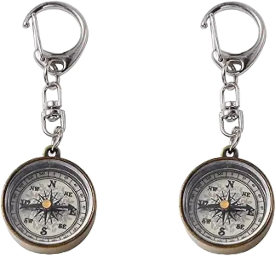 2Pcs Gold Vintage Zinc Alloy Metal Compass with Chain, Key Ring Camping Compass Keychain Navigation Tools Key Ring,Compasses Electronics and Gadgets Recreation Accessories image number 3