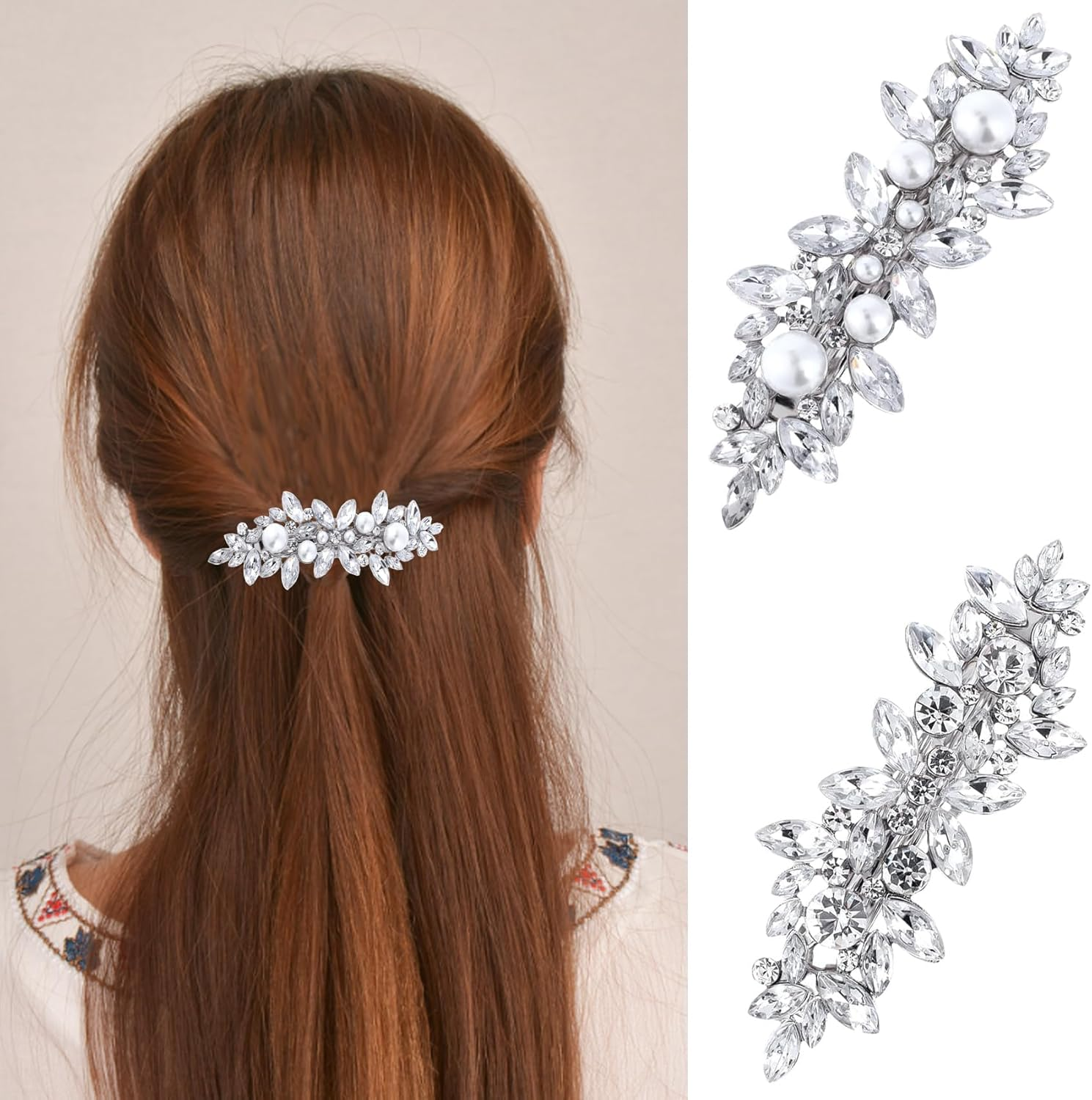2Pcs Rhinestone Hair Clips, Betterjonny Crystal Pearl Hair Barrettes Flower Sparkle Hairpins French Wedding Prom Hair Clip Barrettes for Women Girls Bridal