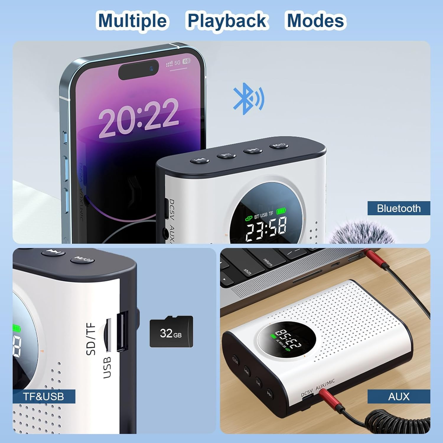 Phoselpida Voice Amplifier with Magnetic Wireless Lavalier Microphone, Portable Amplifier with 2.4G Wireless Microphone, Supports Bluetooth, TF Card, USB Flash Drive and AUX Input image number 3