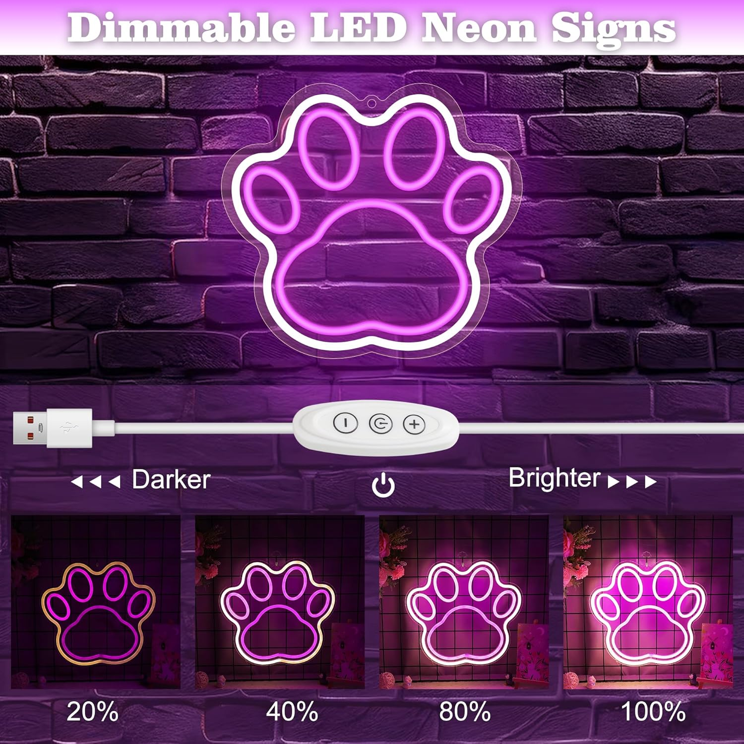 Pink Neon Sign for Wall Decor,Anywin Cute Paw Neon Signs USB Led Lights with Dimmable for Home Decor, Neon Decor Gifts Birthday, Party, Christmas Day, Holidays for Bedroom Kidsroom Living Room