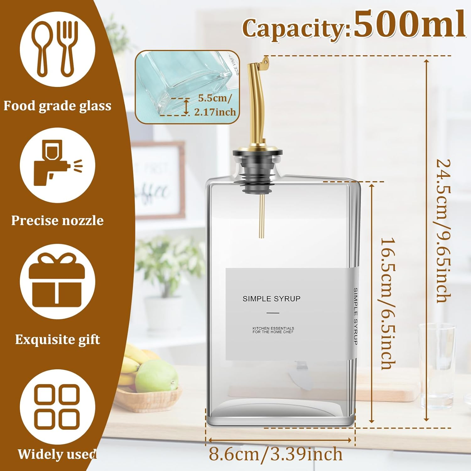 4Pcs/500Ml Rectangular Olive Oil Dispenser Glass Bottle Transparent Large Capacity Dispenser Bottle Well Sealed Container Convenient Sorting Dispenser Bottle for SOYA Sauce Vinegar image number 1