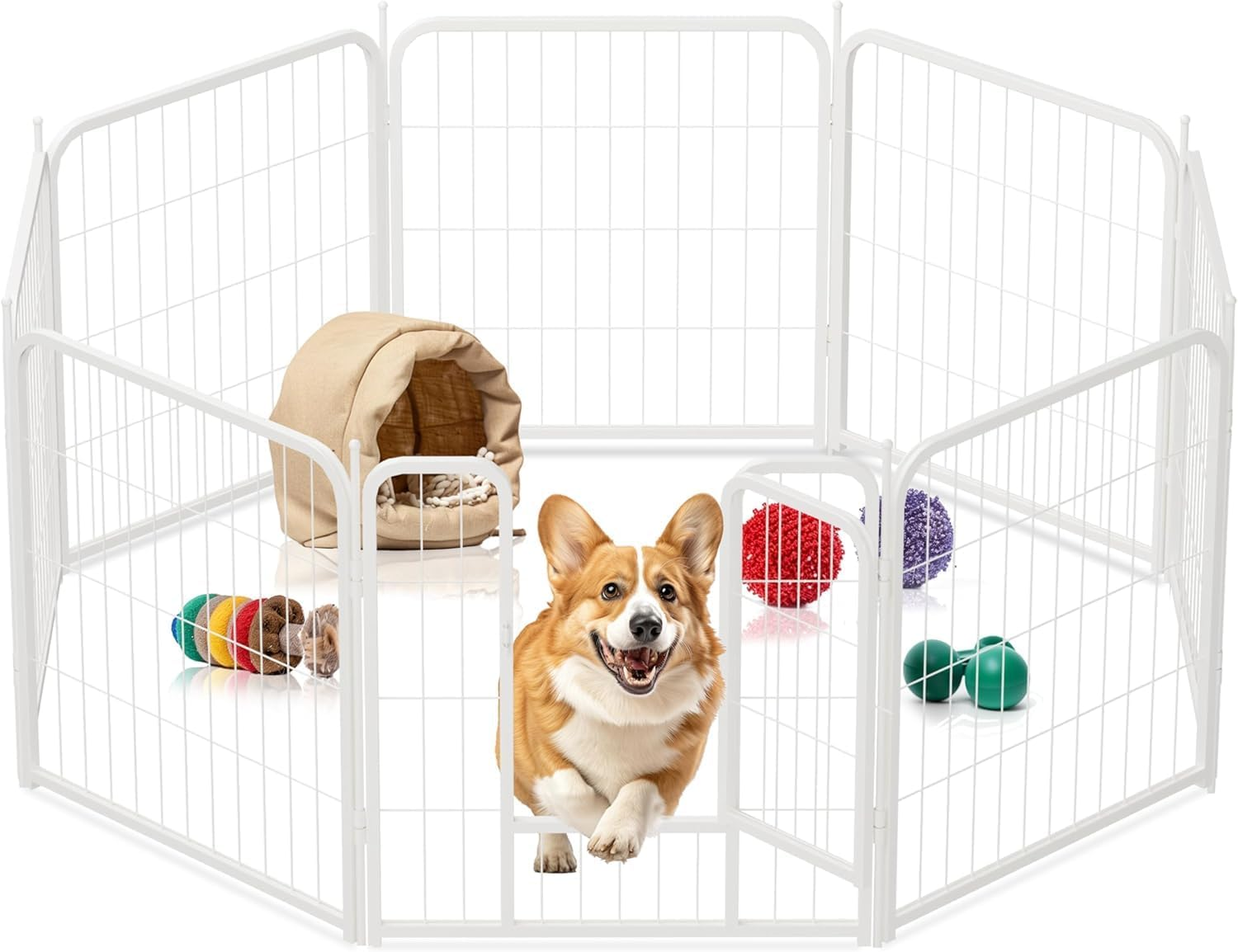 Koreal Metal Dog Playpen, 60Cm Height 8 Panels Pet Playpen, Foldable Puppy Playpens with Doors, No Tool Quick Install, Pet Puppy Playpen for RV, Camping, Yard, White image number 3