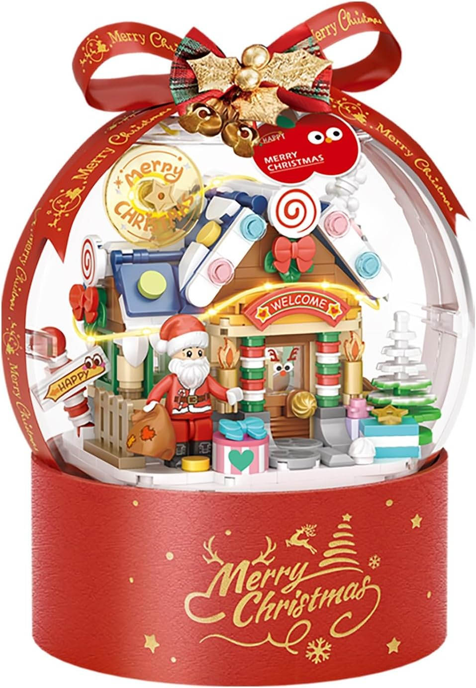Christmas Snow Globe Building Kit &ndash; DIY Brick Set, 466-Piece Mini Blocks Holiday Decor, Santa Village Ornament for Home, Desk Decoration, Stocking Stuffer Gift (Winter Cottage)