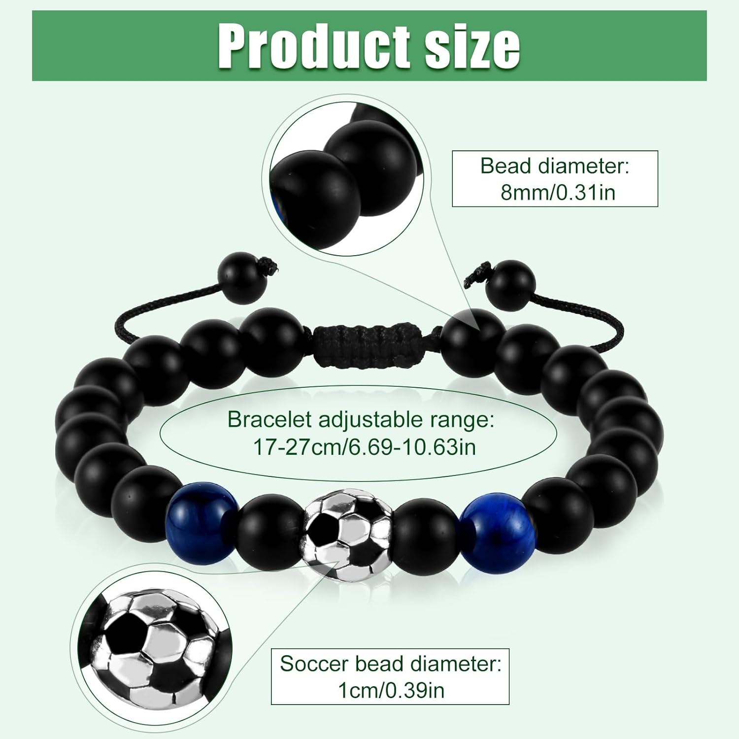Soccer Bracelet, Adjustable Premium Blue Tiger Eye Stone Football Bracelet Soccer with Good Meanings Soccer Bracelet Graduation Birthday Gift Suitable for Teen Boys, 17-27Cm image number 1
