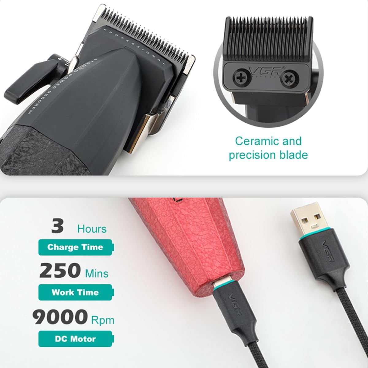 VGR 640 Professional Hair Clippers for Men, 9000RPM Cordless Barber Clippers and Trimmers Set, Zero Gap T-Blade Hair Cutting Kit, DLC Coated Ceramic Blade Barber Kit with LED Display(Red) - Red image number 1