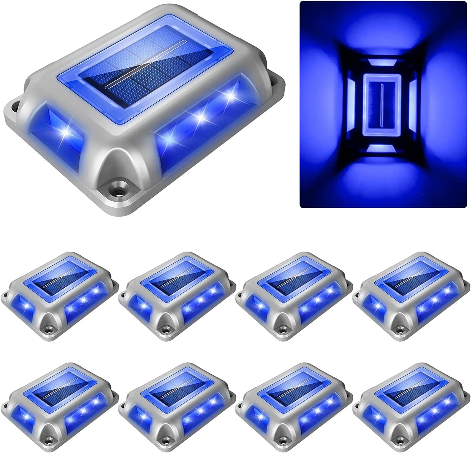 T-Sun Solar Powered Driveway Lights, Set of 8, Blue Light Color, Outdoor LED Aluminum Dock Lights Road Markers Step Lights for Sidewalk Garden Pathway