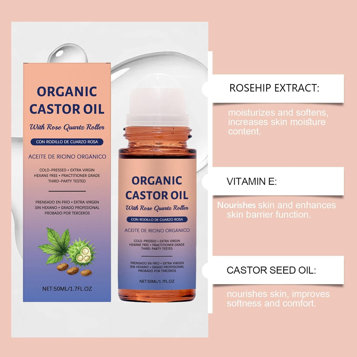 Organic Castor Oil with Rose Quartz Roller, Cold Pressed, Organic Castor Oil Roller Ball, 1.7 Fl Oz, Hexane Free, Nourishing Skin, for Face, Tummy, Body and Skin, Amber Glass Bottle (5PCS) - 3Pcs image number 6