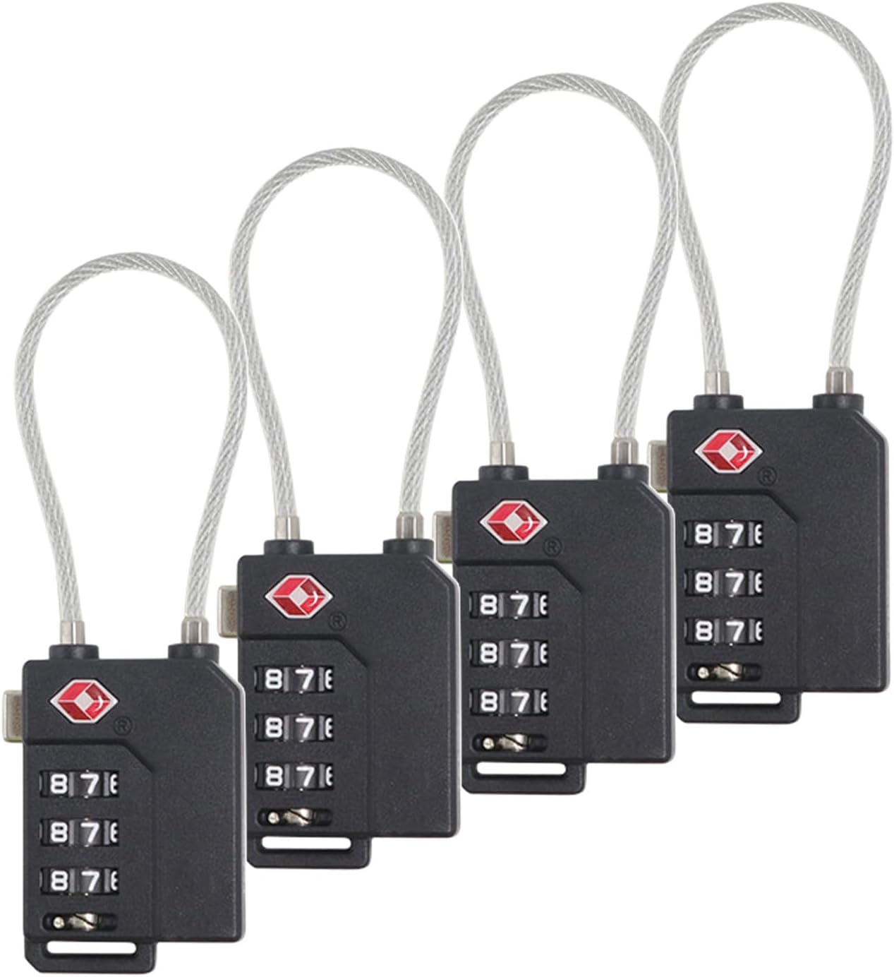 4 Pack TSA Approved Luggage Locks, Combination Travel Lock with Steel Cable for Suitcases, Bags, Backpacks &ndash; Black