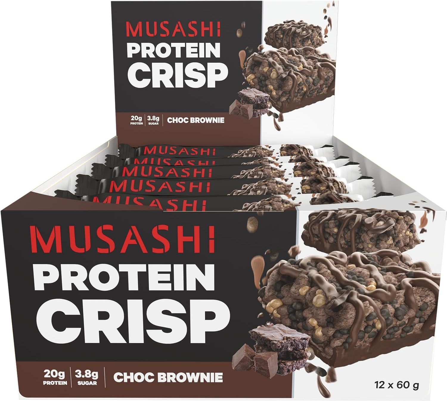 Musashi Protein Crisp Bar, Chocolate Brownie Flavour, 60G &ndash; 12 Pack High Protein Snack with Crunchy Texture for Recovery, Energy & Lean Muscle Support image number 1