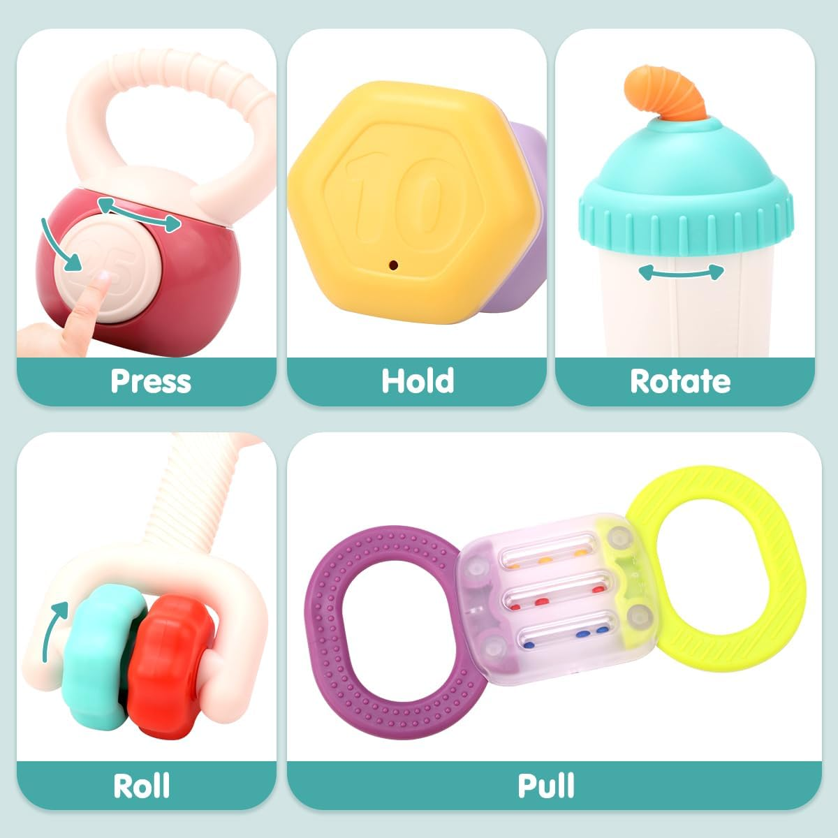 Kaekid Baby First Gym Rattle Set, Infant Dumbbell Weights Teething Rattles 3-6-12 Month, Babies Development Sensory Toys with Storage Box, Newborn Boys and Girls Birthday Gift image number 5