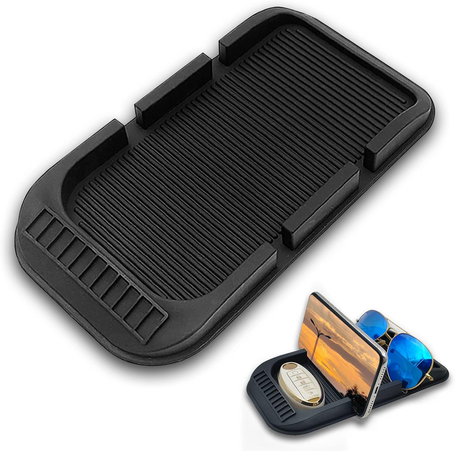 Car Dashboard Cell Phone Holder, Anti-Slip Pad Double-Groove with Number Plate Auto Silicon Tray, Silicone Car Pad Mat for Various Dashboards,Phone GPS Keychains Sunglasses Mat image number 1