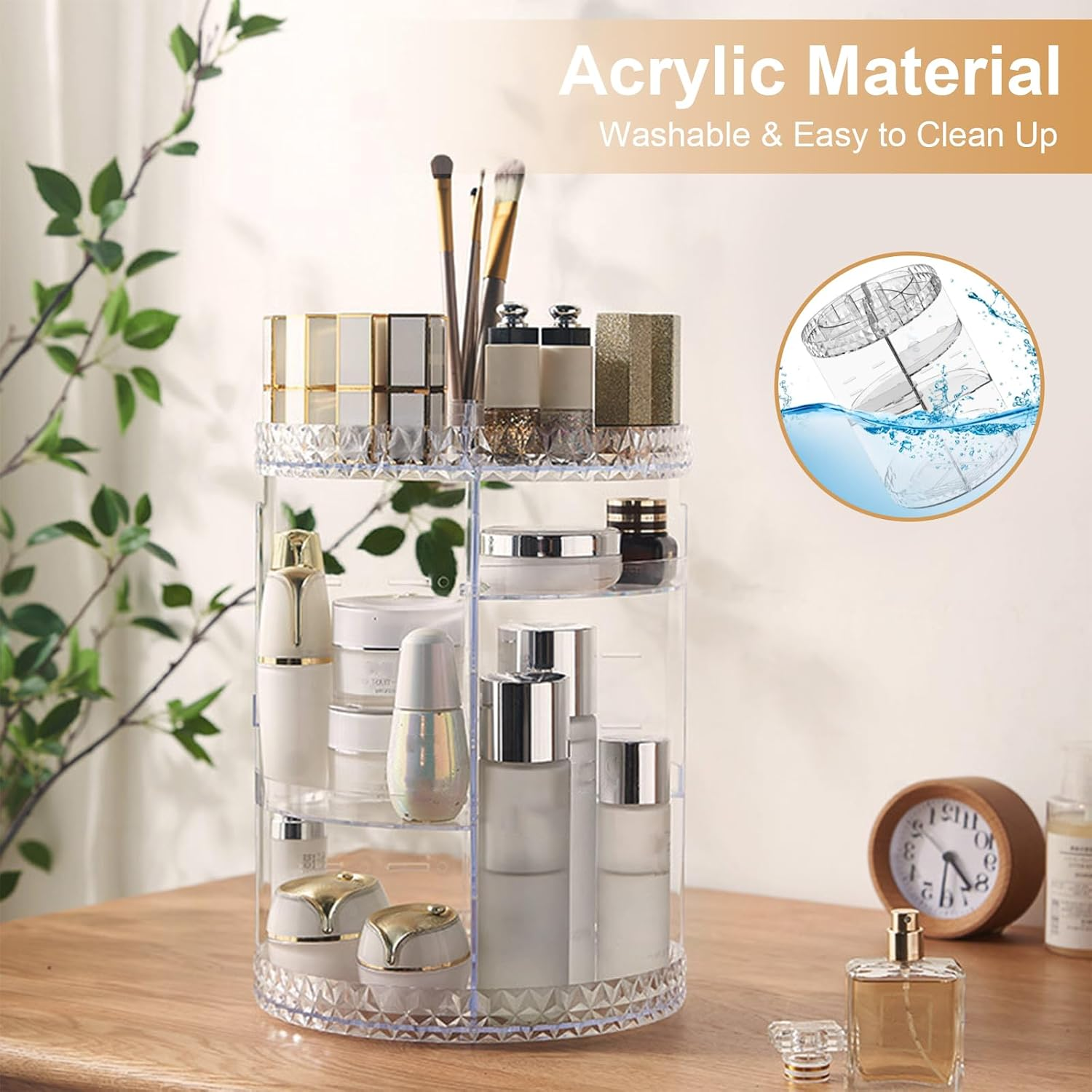 KXF 360&deg; Rotating Desktop Transparent Diamond Pattern Cosmetic Organizer Adjustable Shelf Height Spinning Makeup Storage Rack Box with Diamond Pattern for Dressing Toilet Vanity Table Countertop image number 2