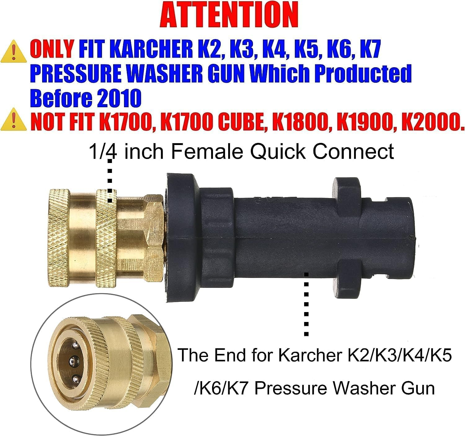 1/4 Inch Pressure Washer Gun Adapter Female Fitting Quick Connector Compatible with Karcher K2 K3 K4 K5 K6 K7 Stanley SLP (1 Pc Adapter + 5 Nozzles)