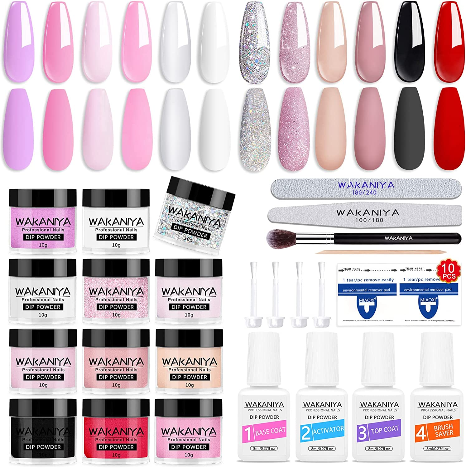 Wakaniya Dip Powder Nail Kit-12 Colors Dip Manicure Kit Pure and Glitter Dipping Powder Set with Base Top Coat for Professionals Beginners Gorgeous Fall Winter Classic French Nail Art Home Salon DIY