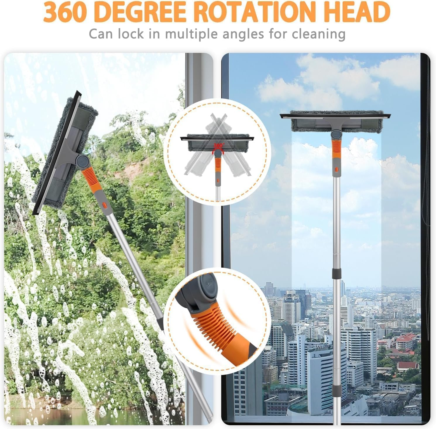LIODUX Squeegee Window Cleaner 2 in 1 Rotatable Window Cleaning Tool Kit with Extension Pole, Window Washing Equipment with Bendable Head for Indoor/Outdoor Window and Car Glass image number 2