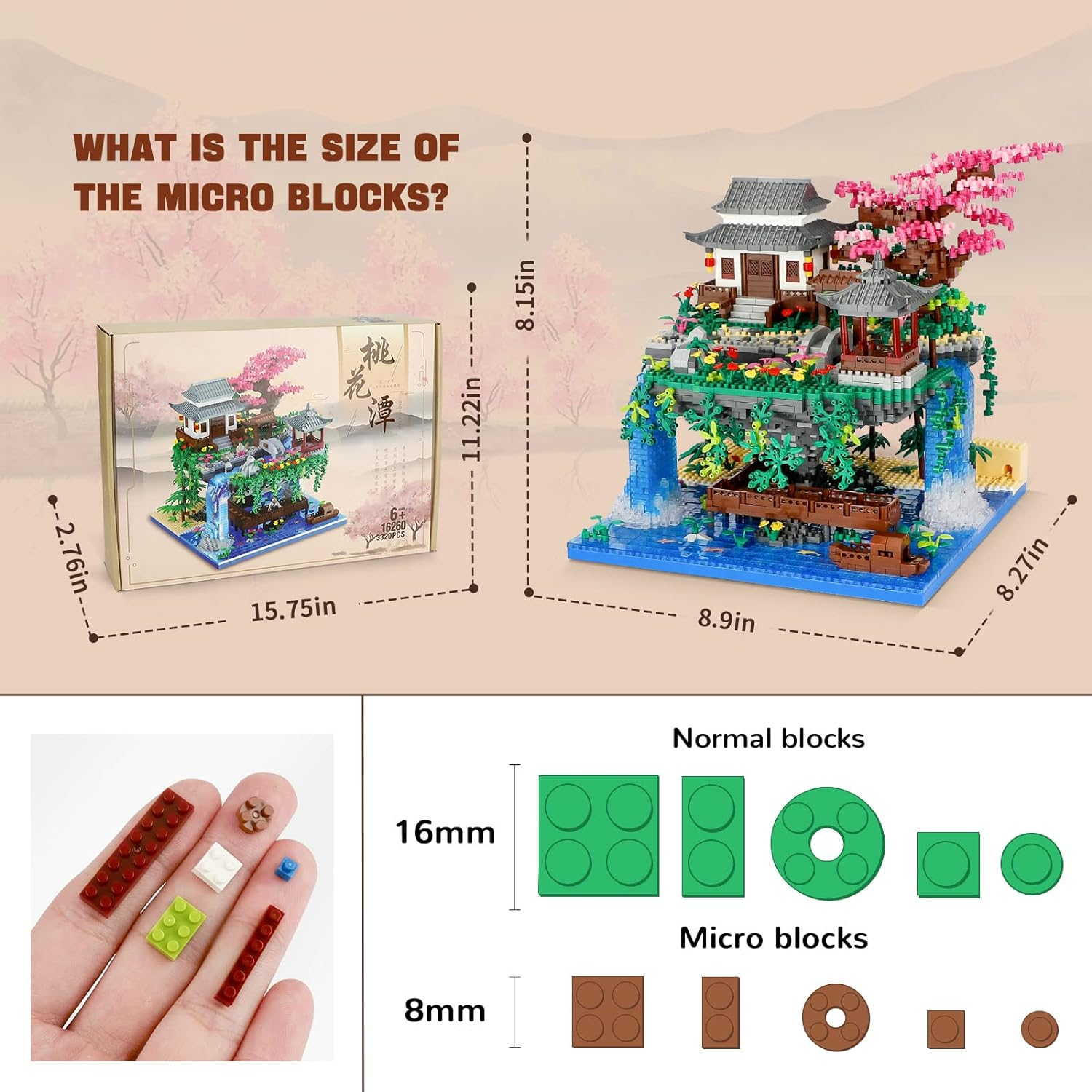 Peach Blossom Pond Micro Mini Building Blocks Set for Adults and Kids, Chinese Architecture Cherry Bonsai Gift Toys with String Lights, Japanese Sakura Tree House Micro Bricks (3320PCS) image number 6