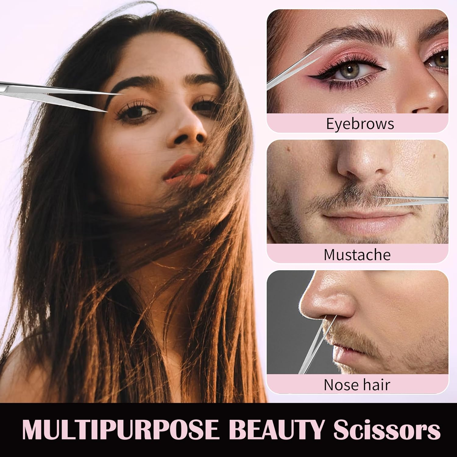 2 Pcs Eyebrow Scissors for Women, Professional Grooming Mini Scissors with Stainless Steel Straight Tip, 3.5 Inch Pink Small Scissors Beauty for Facial Hair, Eyebrows, Beard, Ear, Nose, Moustache